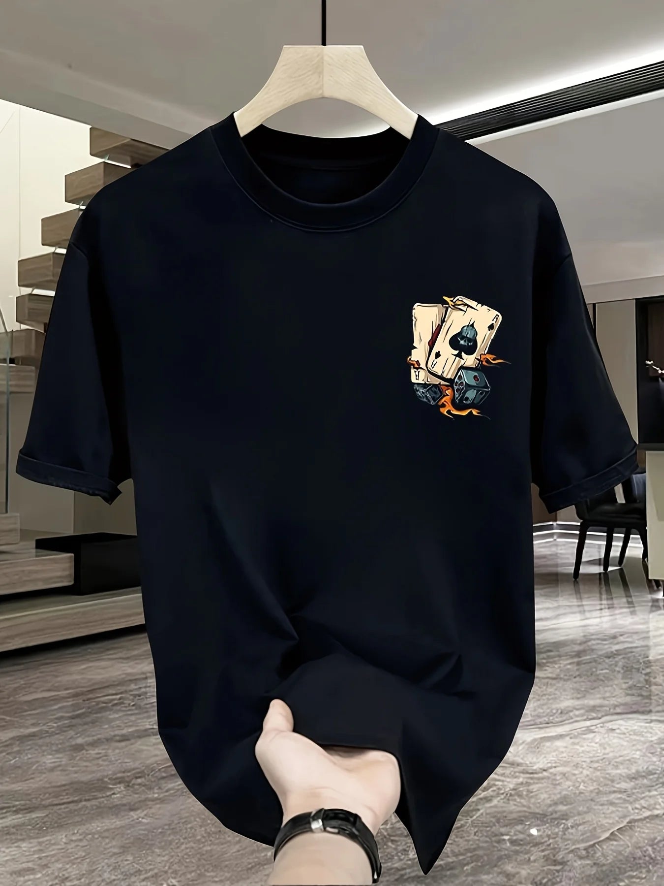Men's summer 100% pure cotton fashionable casual loose creative poker and dice printed sports round neck short sleeved T-shirt