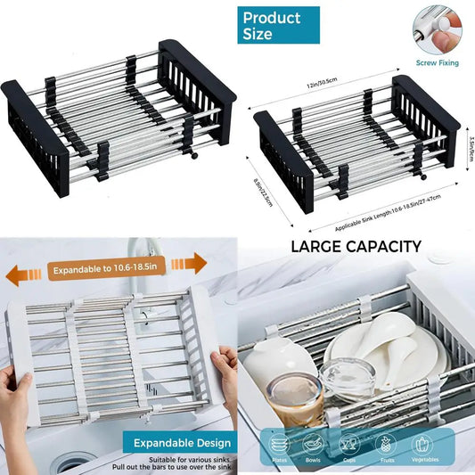 over sink dish drying rack, stainless steel drainer for 11"-19" sinks, kitchen countertop organizer for dishes, vegetables, and