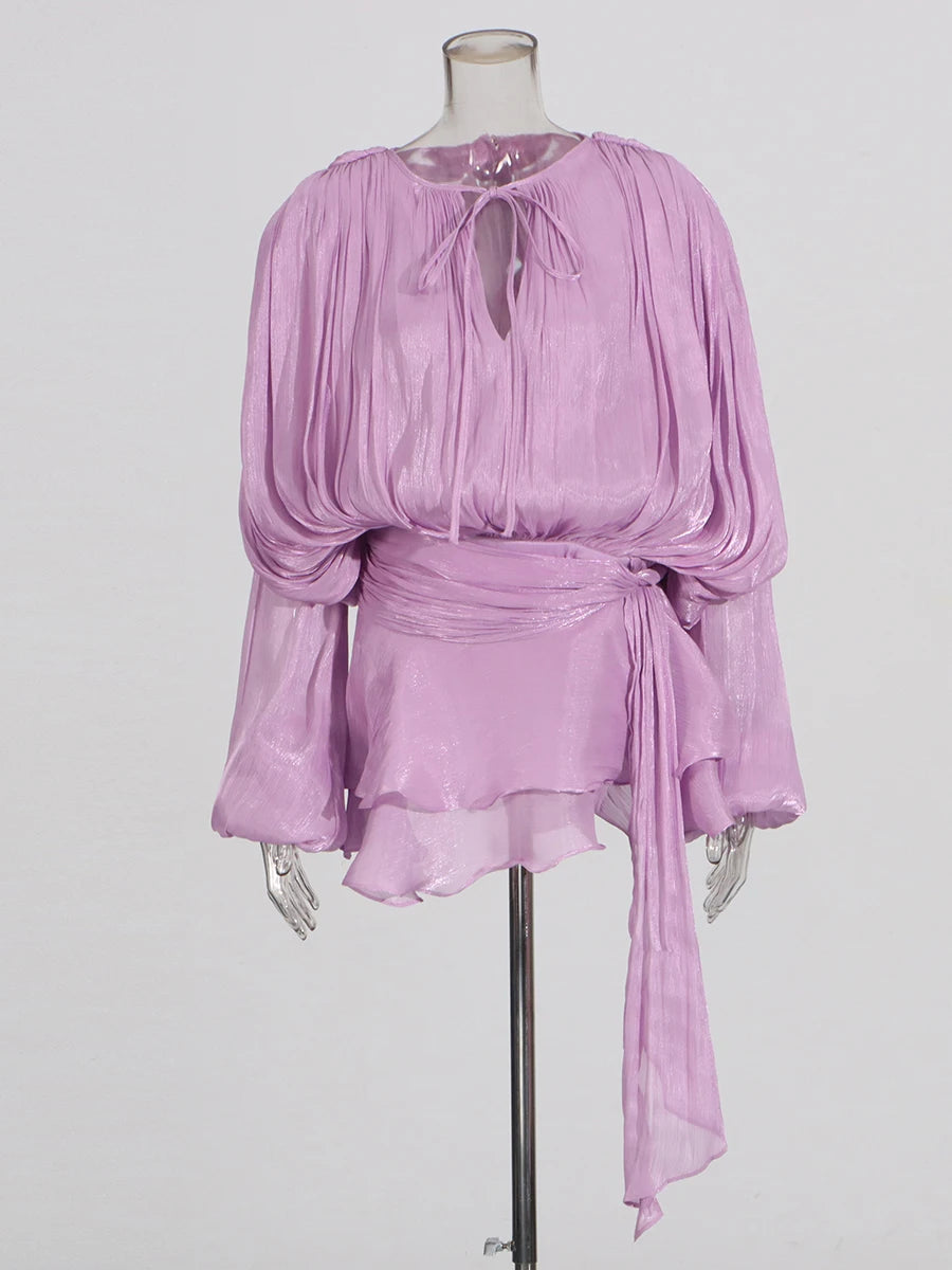 TWOTWINSTYLE Elegant Ruched Mini Dress For Women Round Neck Lantern Long Sleeve High Waist Temperament Dresses Female Fashion