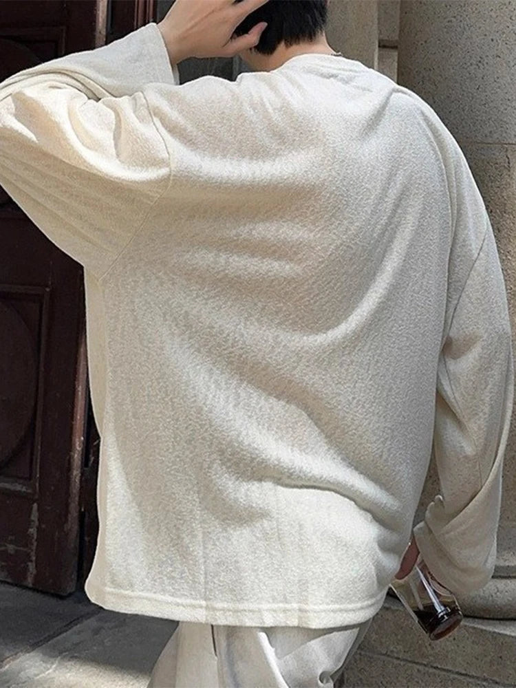 New Casual Loose Solid Color Mens T Shirt 2025 Spring Autumn Daily Leisure Long Sleeve Tees Men Fashion Crew Neck Pullover Tops