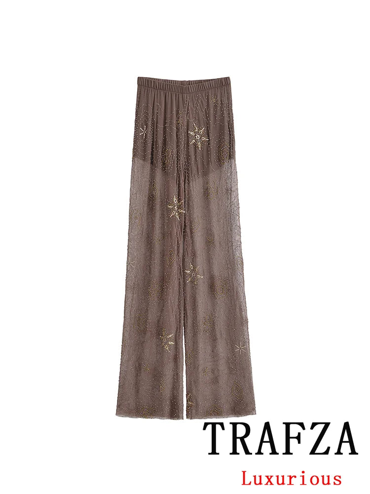 TRAFZA Sexy Chic Women Transparent Pants Sequins Straight Wide Leg Pants Fashion 2025 Spring Summer Holiday Party Trousers