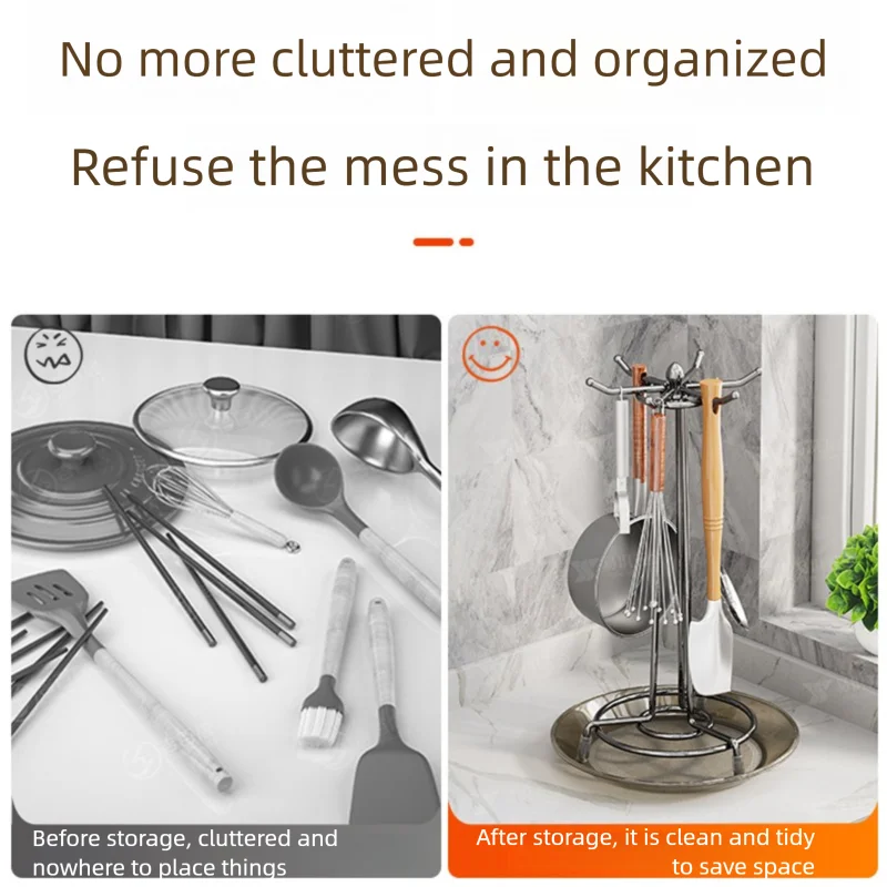 The kitchen rotating spatula rack is upgraded and thickened, and the storage rack with water tray is smoothly enlarged