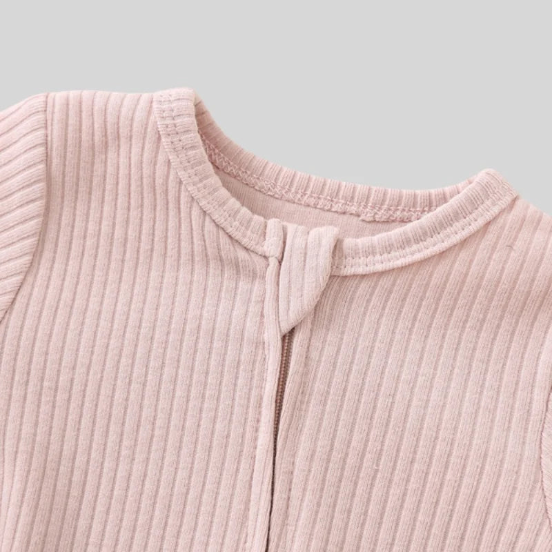 Autumn Zipper Baby Onesie Ribbed Knit Footed Romper Long Sleeve Solid Color Jumpsuit for 0-12M Newborn Infant Outfits