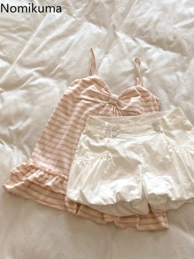 Japanese Sweet Vest Women Clothing Vintage Striped Sleeveless Tees Fashion Summer Camis Ruffles Slim Fit Vintage Tank Ropa Mujer