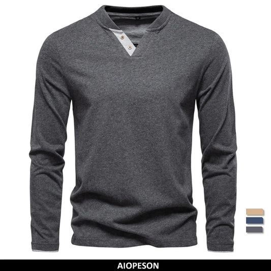 AIOPESON Henley Collar T Shirt Men Casual Solid Color Long Sleeve Autumn Fashion High Quality 100% Cotton Mens T Shirts