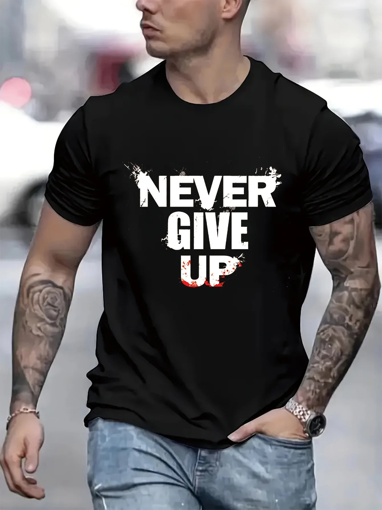 Men's summer 100 cotton fashionable casual sports loose NEVER GIVE UP letter printed round neck short sleeved T-shirt top