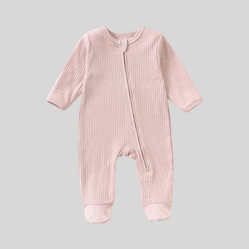 Autumn Zipper Baby Onesie Ribbed Knit Footed Romper Long Sleeve Solid Color Jumpsuit for 0-12M Newborn Infant Outfits