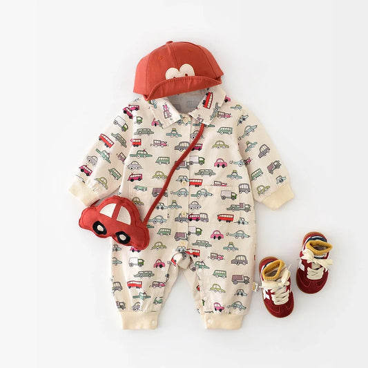 Autumn New Baby Boys Clothes Full Of Car Print Infant Jumpsuits Toddler Playsuit Infant Outfit