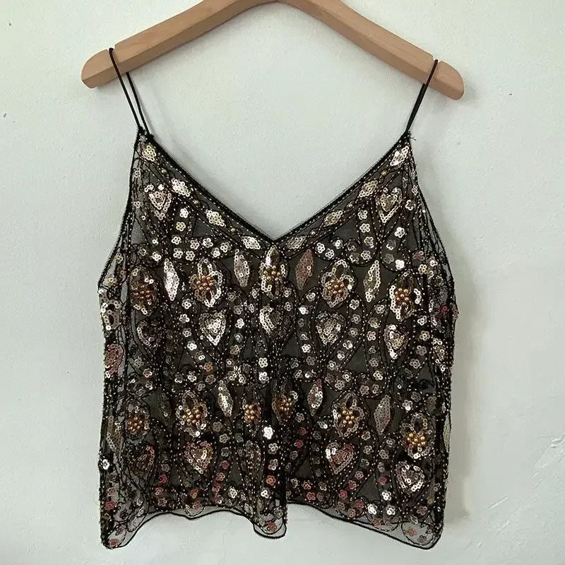2025 Women's Summer High Quality Sequin Bead Sexy Sling Slim Fit Short V-neck Straight Tank Top Korean Fashion Clothing