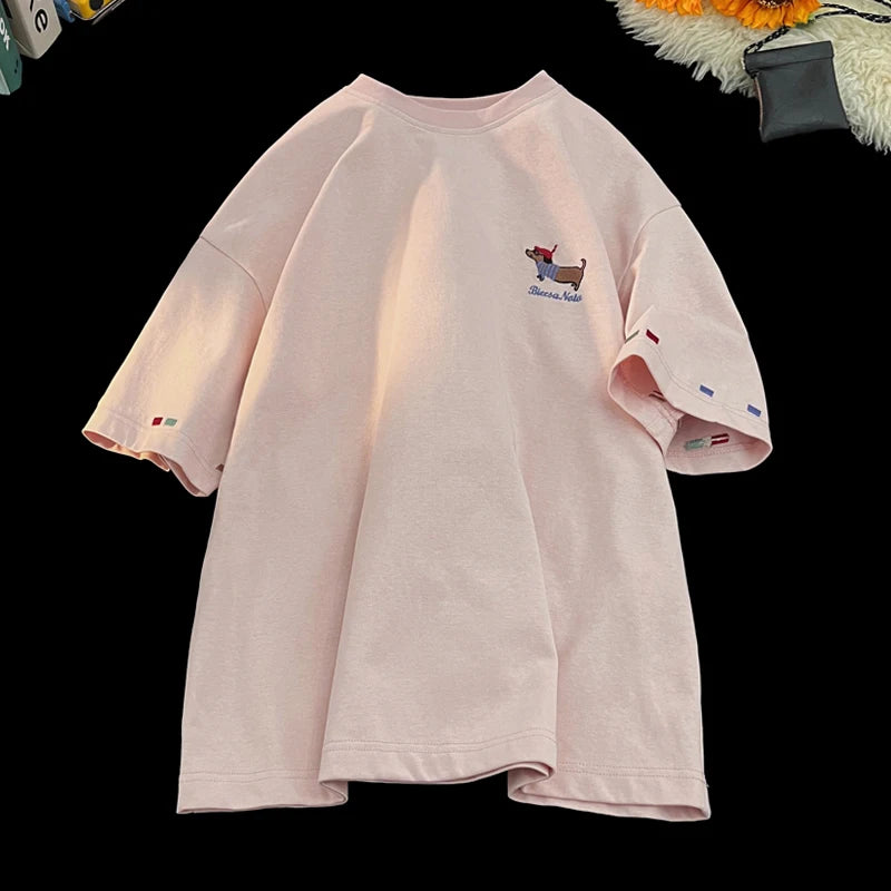 Korean Street Summer Short Sleeve Cute Puppy Graphic T-Shirt Men's Fashion Loose Fit Crewneck T-shirt Delicate Embroidery Top