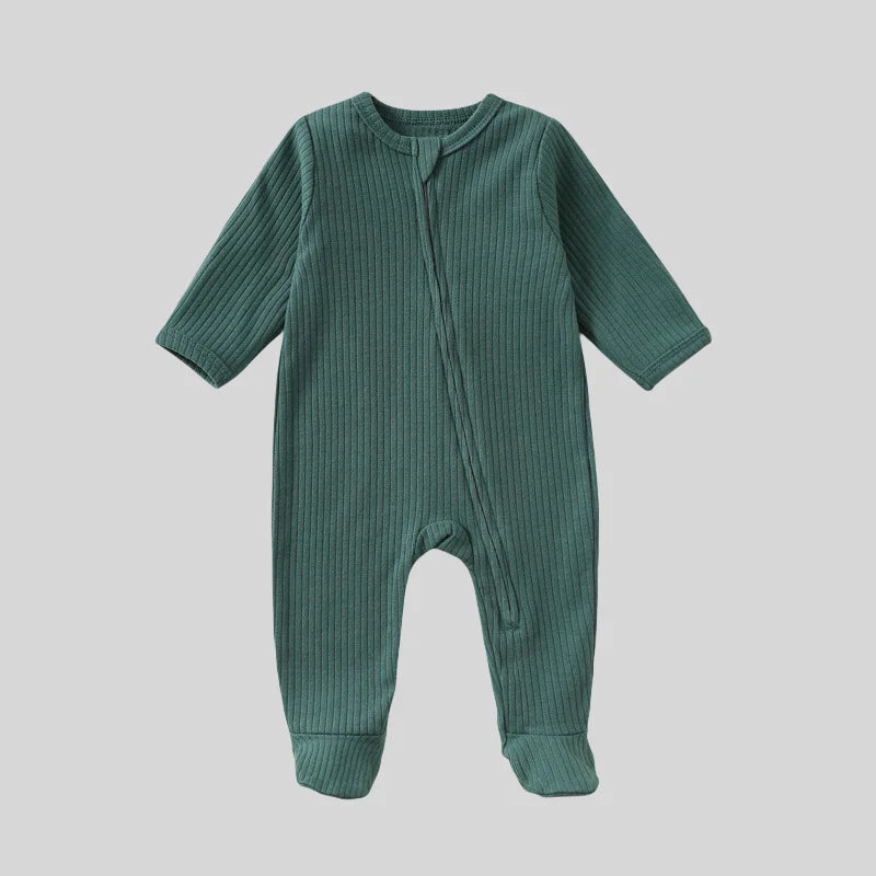 Autumn Zipper Baby Onesie Ribbed Knit Footed Romper Long Sleeve Solid Color Jumpsuit for 0-12M Newborn Infant Outfits