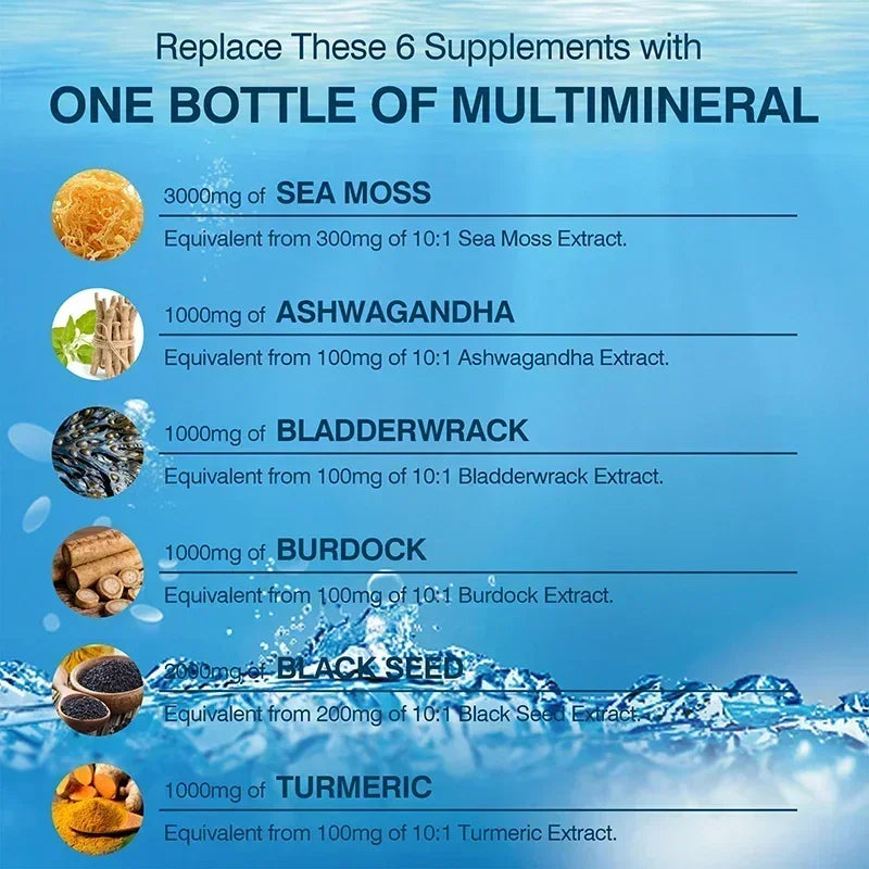 Sea Moss, Black Seed Oil, Ashwagandha & Burdock Root - Supports Bone, Joint & Digestive Health, Boosts Natural Energy, Immunity