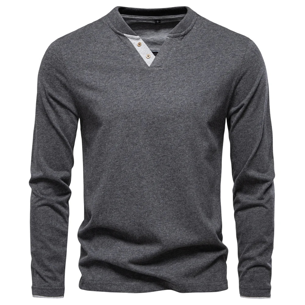 AIOPESON Henley Collar T Shirt Men Casual Solid Color Long Sleeve Autumn Fashion High Quality 100% Cotton Mens T Shirts