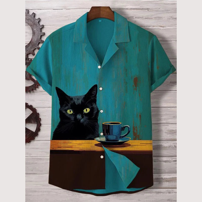 Summer Men's Shirt Animal Graphic Print Cat Shirts Casual Short Sleeve Streetwear Fashion Male Oversized Clothing Funny Blouse