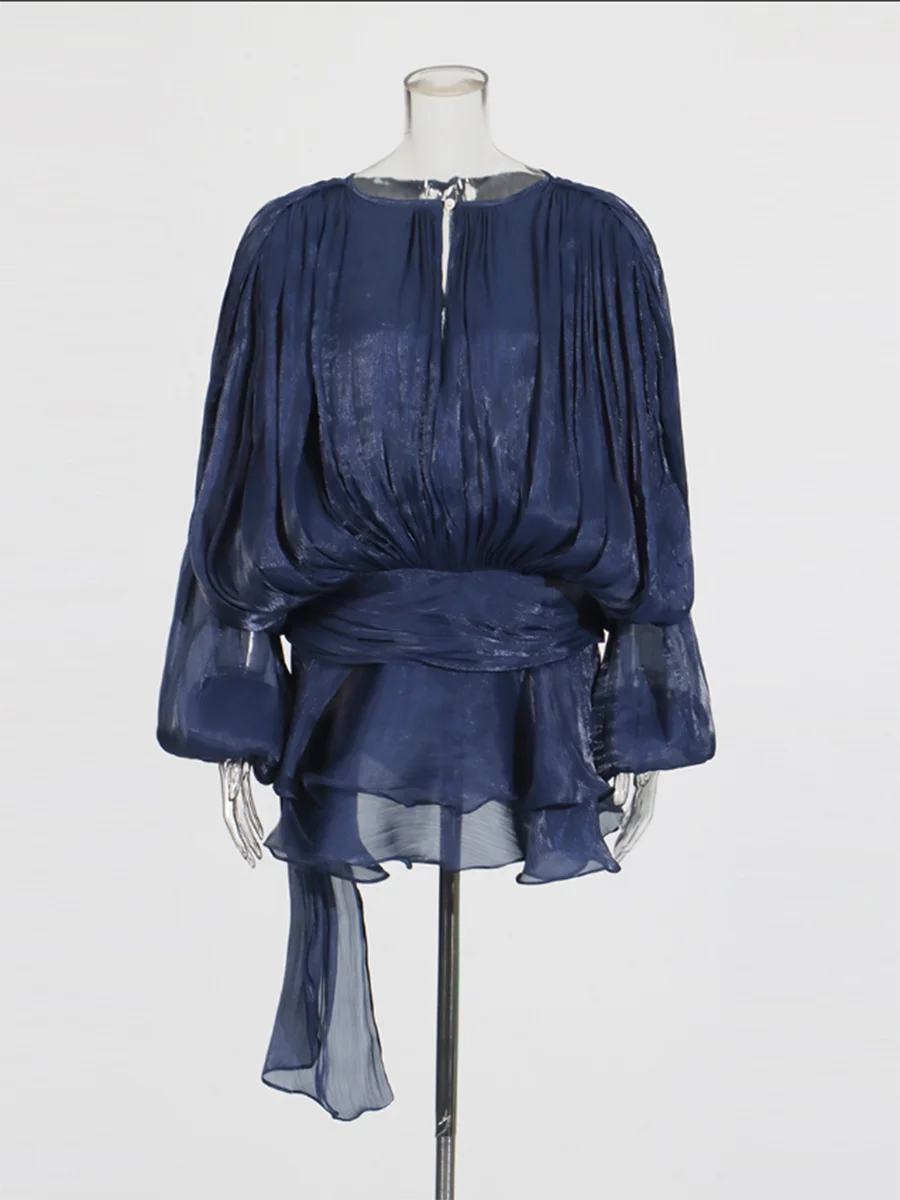 TWOTWINSTYLE Solid Patchwork Lace Up Blouse Mini Dresses For Women V Neck Long Sleeve Sweet Style Dress Female Clothing Fashion