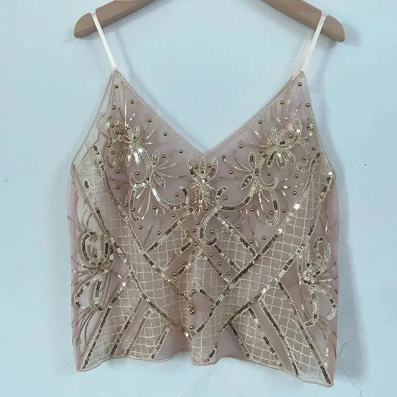2025 Women's Summer High Quality Sequin Bead Sexy Sling Slim Fit Short V-neck Straight Tank Top Korean Fashion Clothing