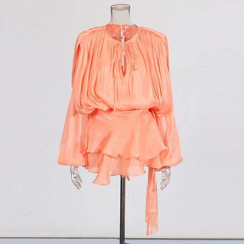 TWOTWINSTYLE Solid Patchwork Lace Up Blouse Mini Dresses For Women V Neck Long Sleeve Sweet Style Dress Female Clothing Fashion