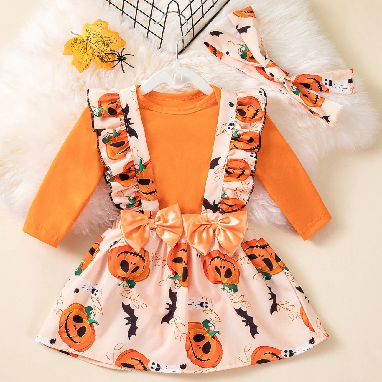 Pumpkin Infant Girl Halloween Dress Long Sleeves Orange Bodysuit Suspender Skirt with Double Bow Baby Girl My First Halloween