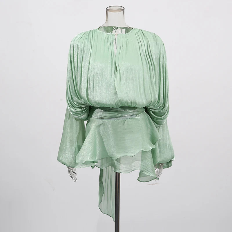 TWOTWINSTYLE Solid Patchwork Lace Up Blouse Mini Dresses For Women V Neck Long Sleeve Sweet Style Dress Female Clothing Fashion