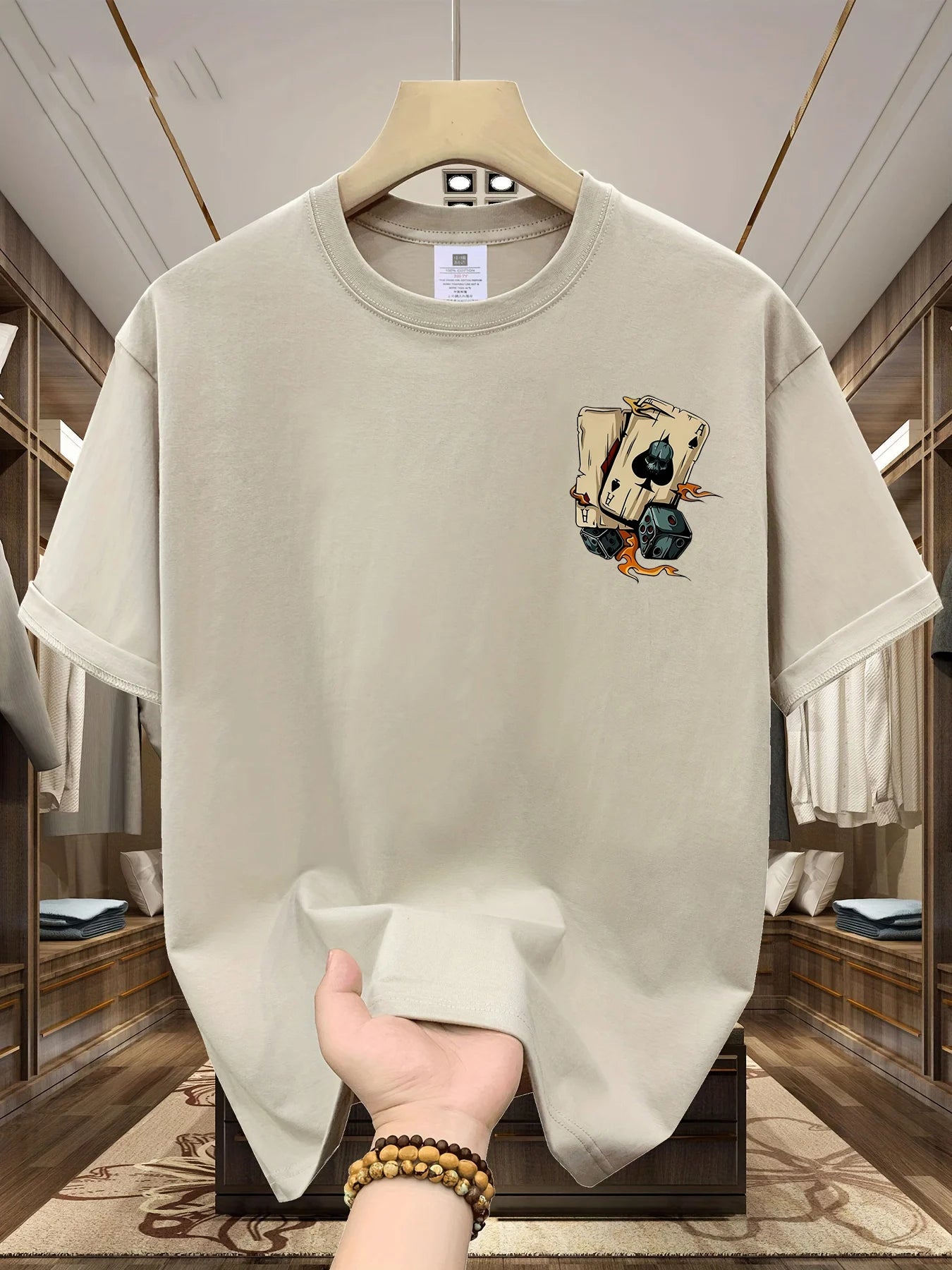 Men's summer 100% pure cotton fashionable casual loose creative poker and dice printed sports round neck short sleeved T-shirt