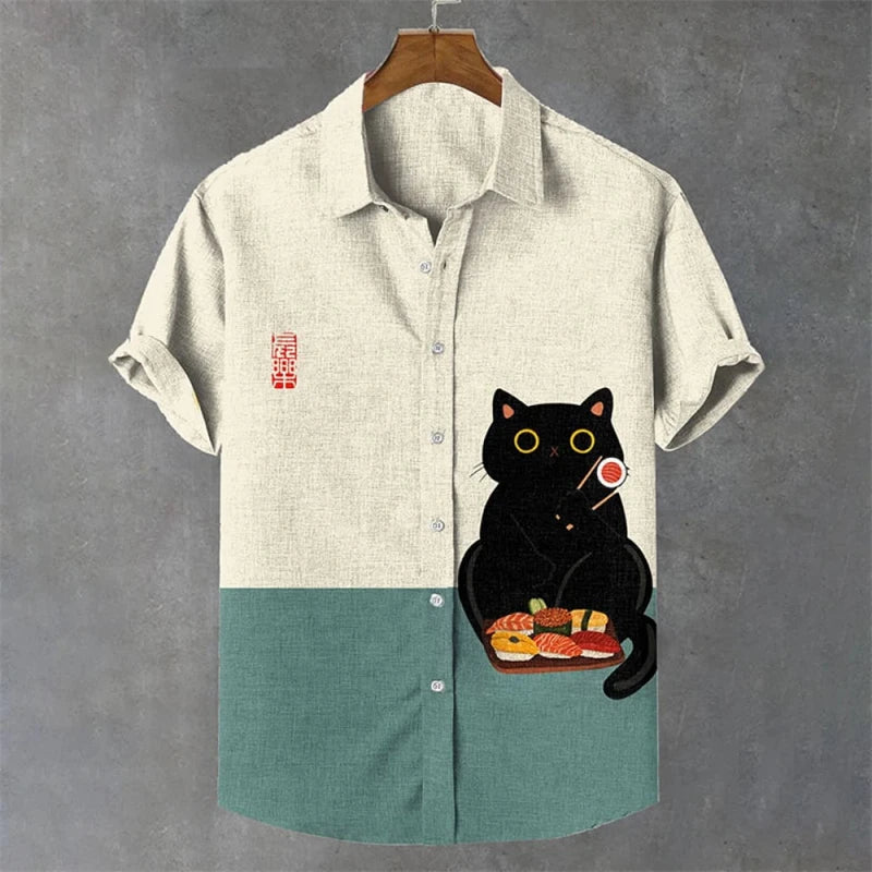 Summer Men's Shirt Animal Graphic Print Cat Shirts Casual Short Sleeve Streetwear Fashion Male Oversized Clothing Funny Blouse