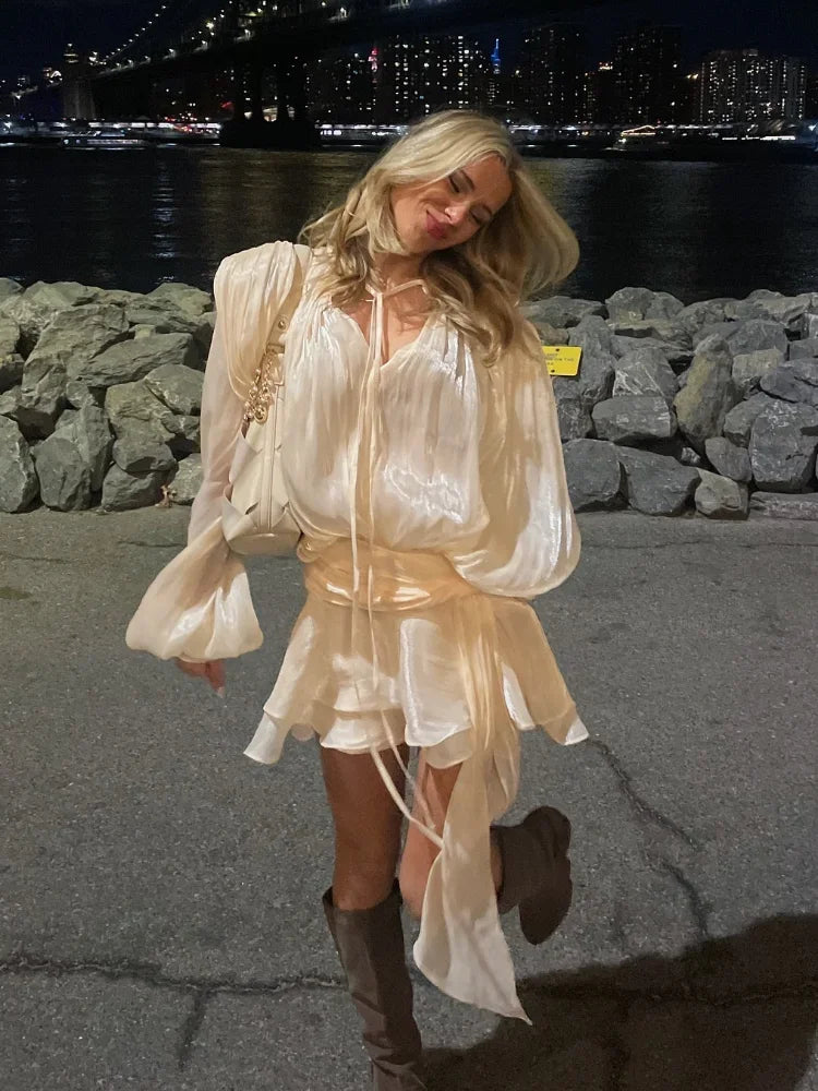 Elegant Ruched Mini Dress For Women Round Neck Lantern Long Sleeve High Waist Temperament Dresses Female Fashion 2025 CLOTHING