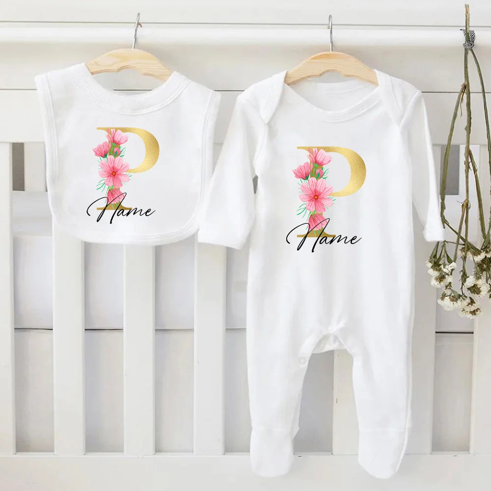 Personalized Baby Bib & Bodysuit 2pcs Infant Bibs and Romper Set Newborn Coming Home Hospital Outfit Sleepsuit Baby Shower Gifts