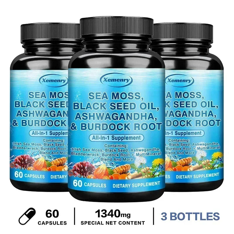 Sea Moss, Black Seed Oil, Ashwagandha & Burdock Root - Supports Bone, Joint & Digestive Health, Boosts Natural Energy, Immunity