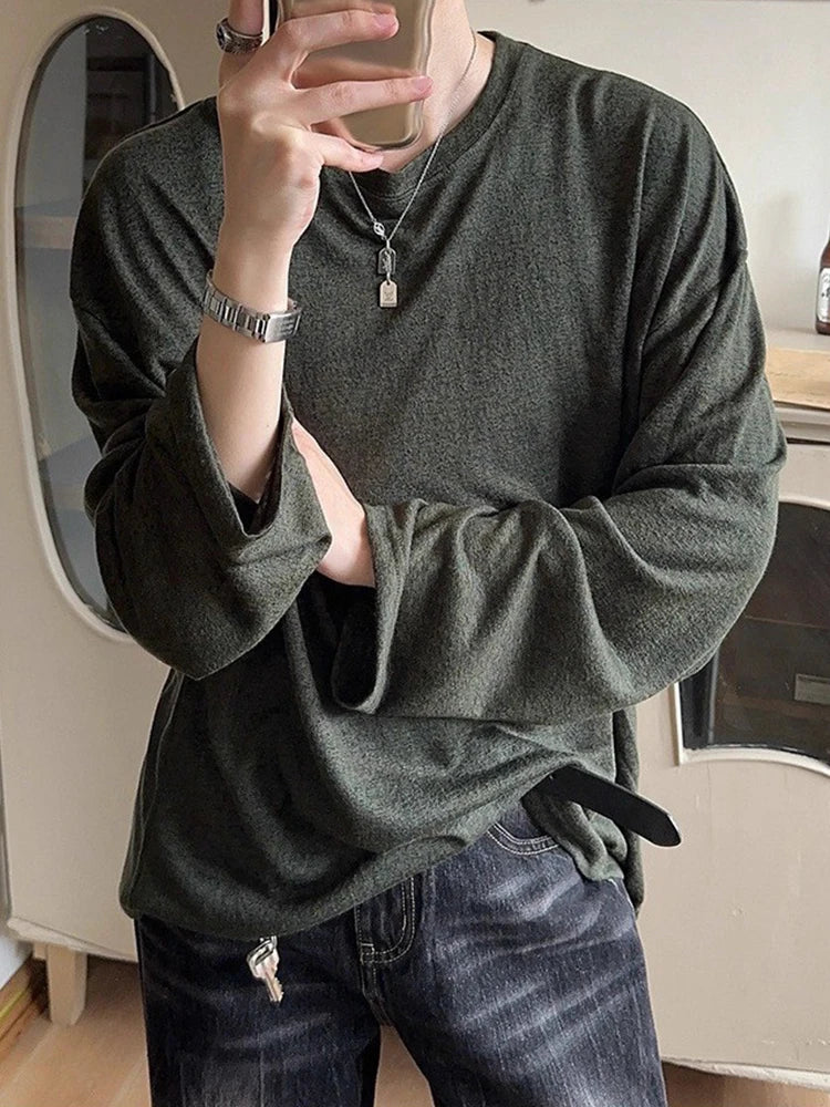 New Casual Loose Solid Color Mens T Shirt 2025 Spring Autumn Daily Leisure Long Sleeve Tees Men Fashion Crew Neck Pullover Tops