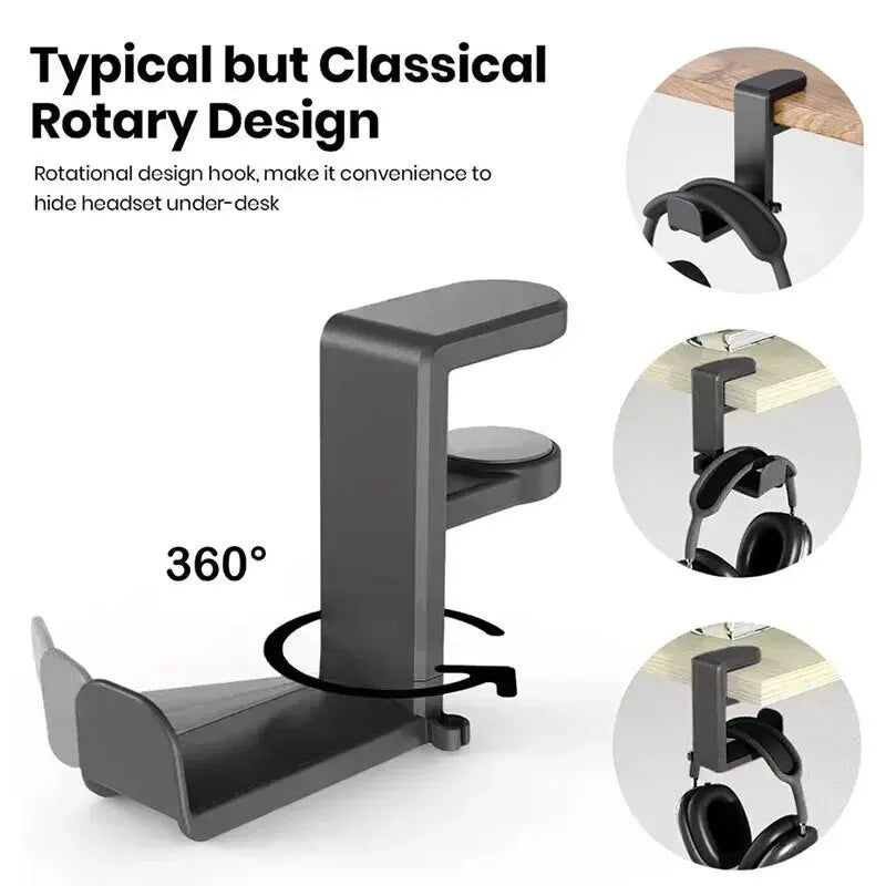 Under Desk Headphone Stand 360° Rotating Clip-on Headphone No Punch Holder Supports Earphones Display Rack Gaming Headset Hook