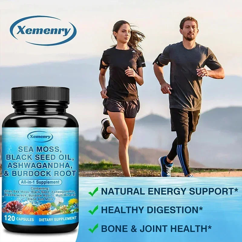 Sea Moss, Black Seed Oil, Ashwagandha & Burdock Root - Supports Bone, Joint & Digestive Health, Boosts Natural Energy, Immunity