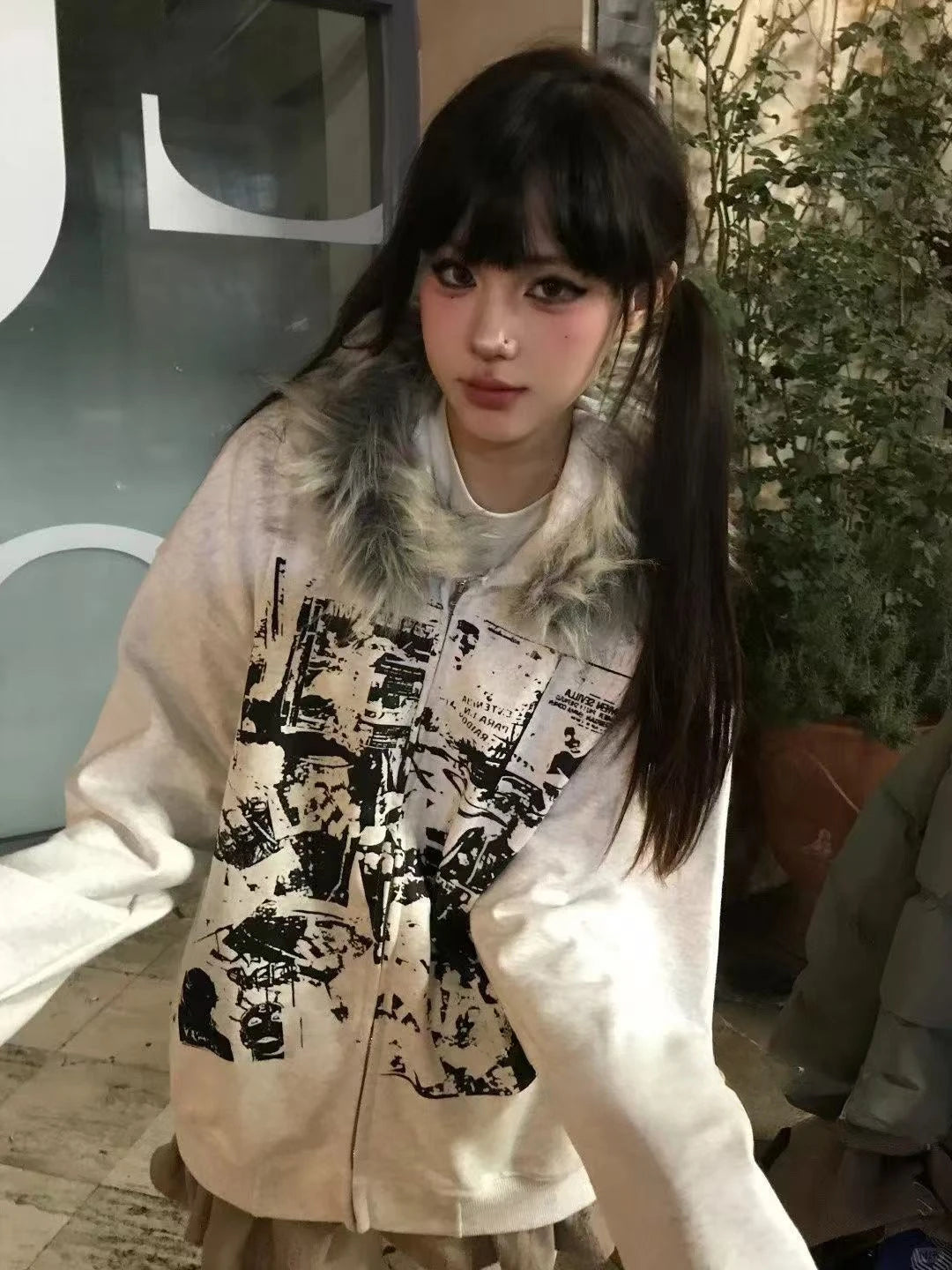 Vintage Sweatshirts 2025 Women's Clothes White Print Tunic Hooded Y2k Coat Streetwear Fashion Casual Hoodies Tops Ropa Mujer