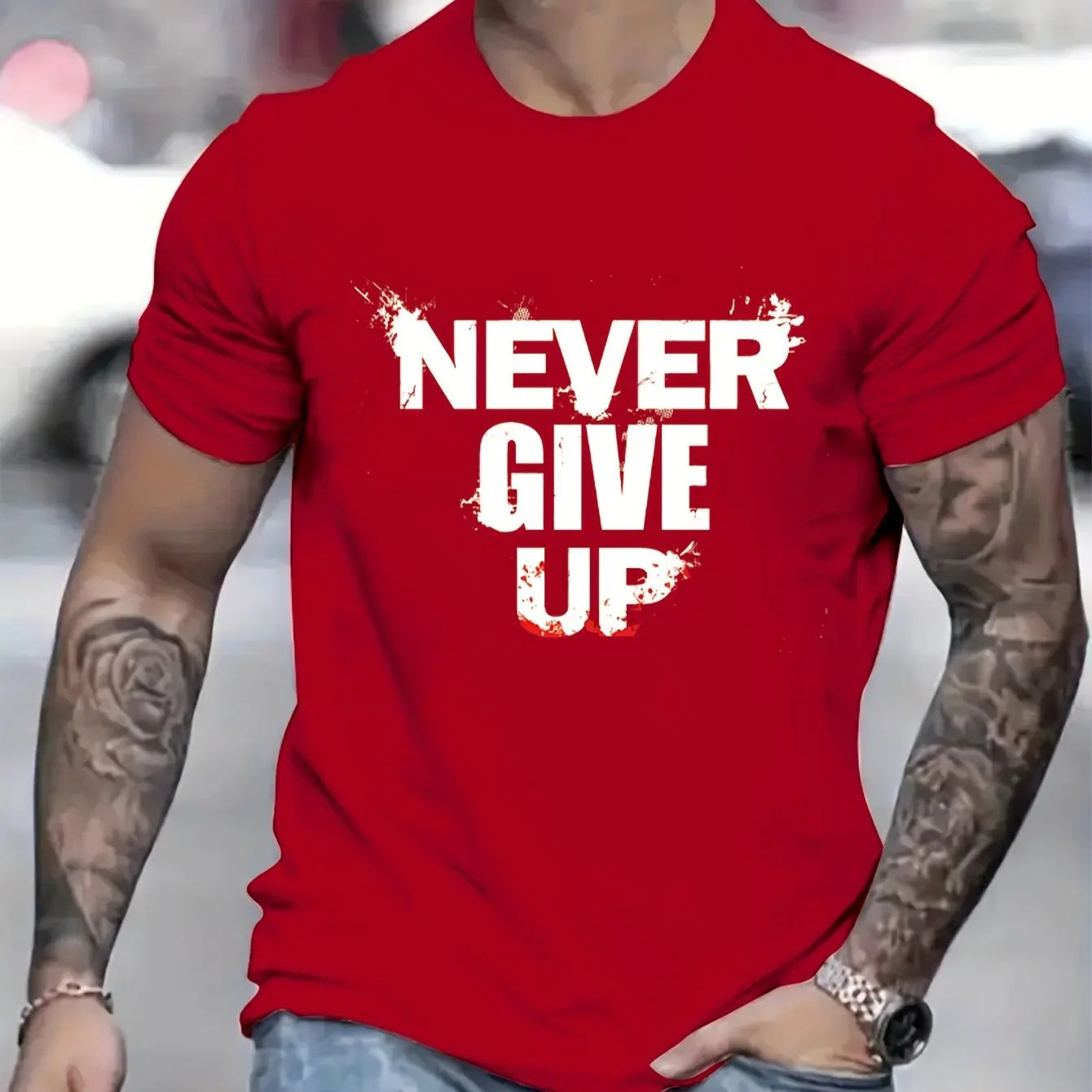 Men's summer 100 cotton fashionable casual sports loose NEVER GIVE UP letter printed round neck short sleeved T-shirt top