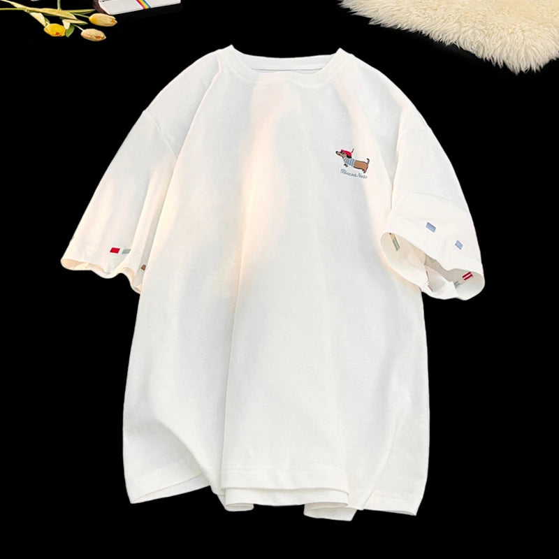 Korean Street Summer Short Sleeve Cute Puppy Graphic T-Shirt Men's Fashion Loose Fit Crewneck T-shirt Delicate Embroidery Top