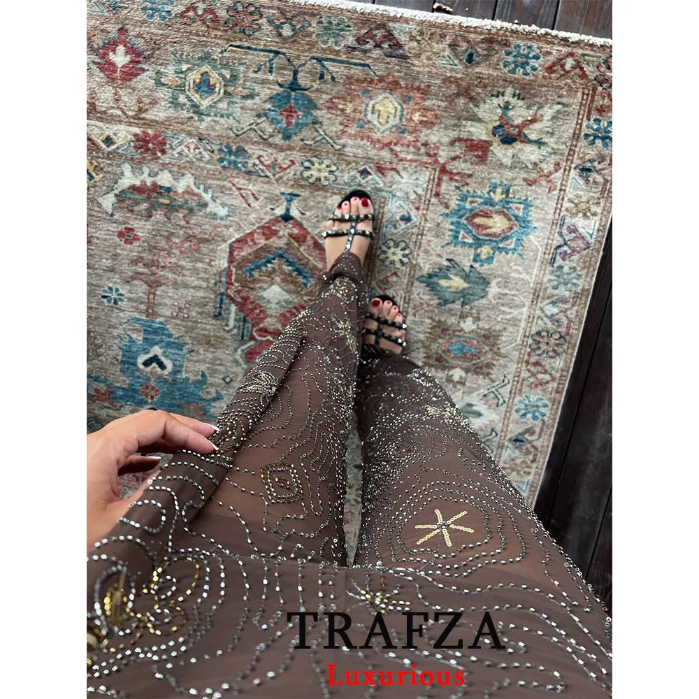 TRAFZA Sexy Chic Women Transparent Pants Sequins Straight Wide Leg Pants Fashion 2025 Spring Summer Holiday Party Trousers