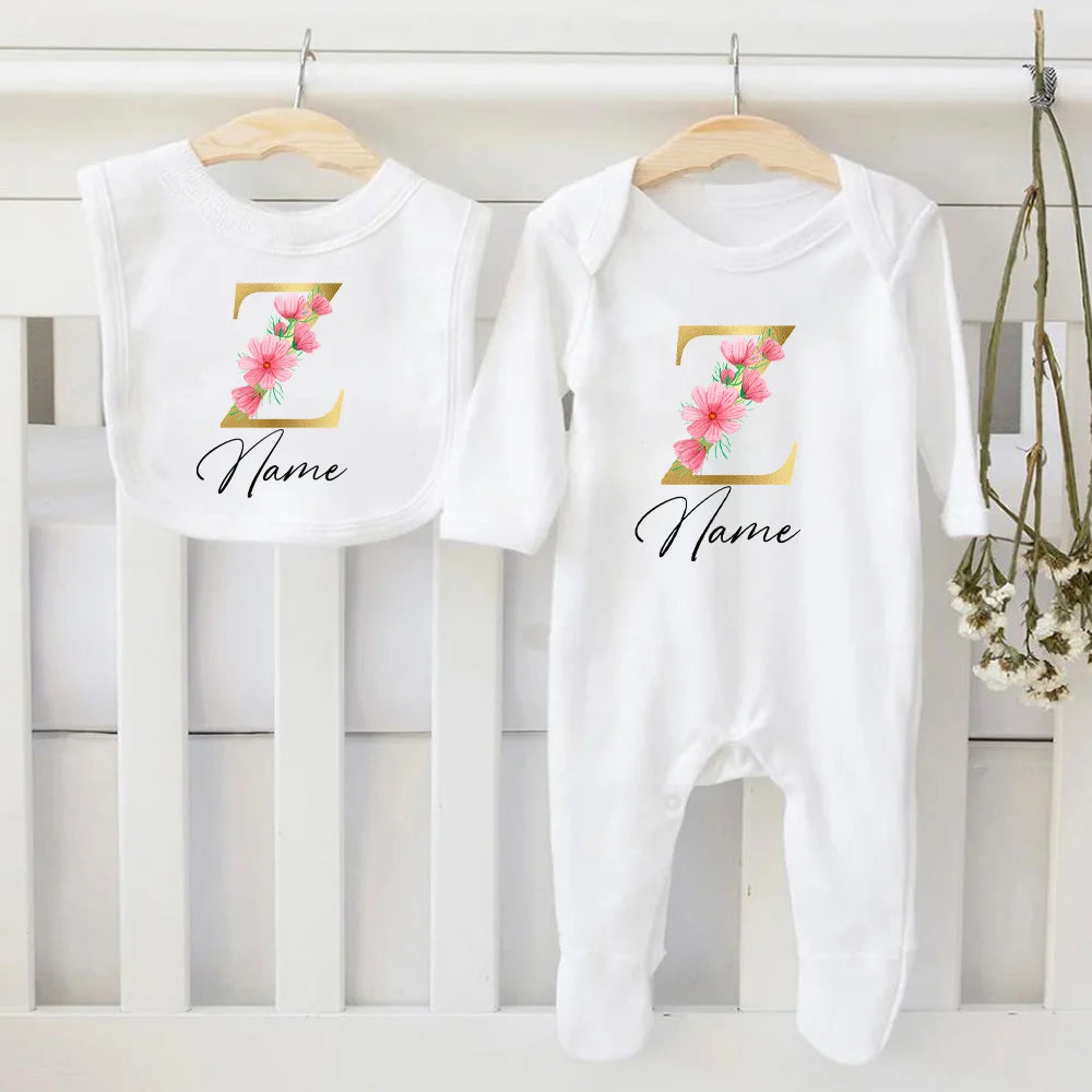 Personalized Baby Bib & Bodysuit 2pcs Infant Bibs and Romper Set Newborn Coming Home Hospital Outfit Sleepsuit Baby Shower Gifts