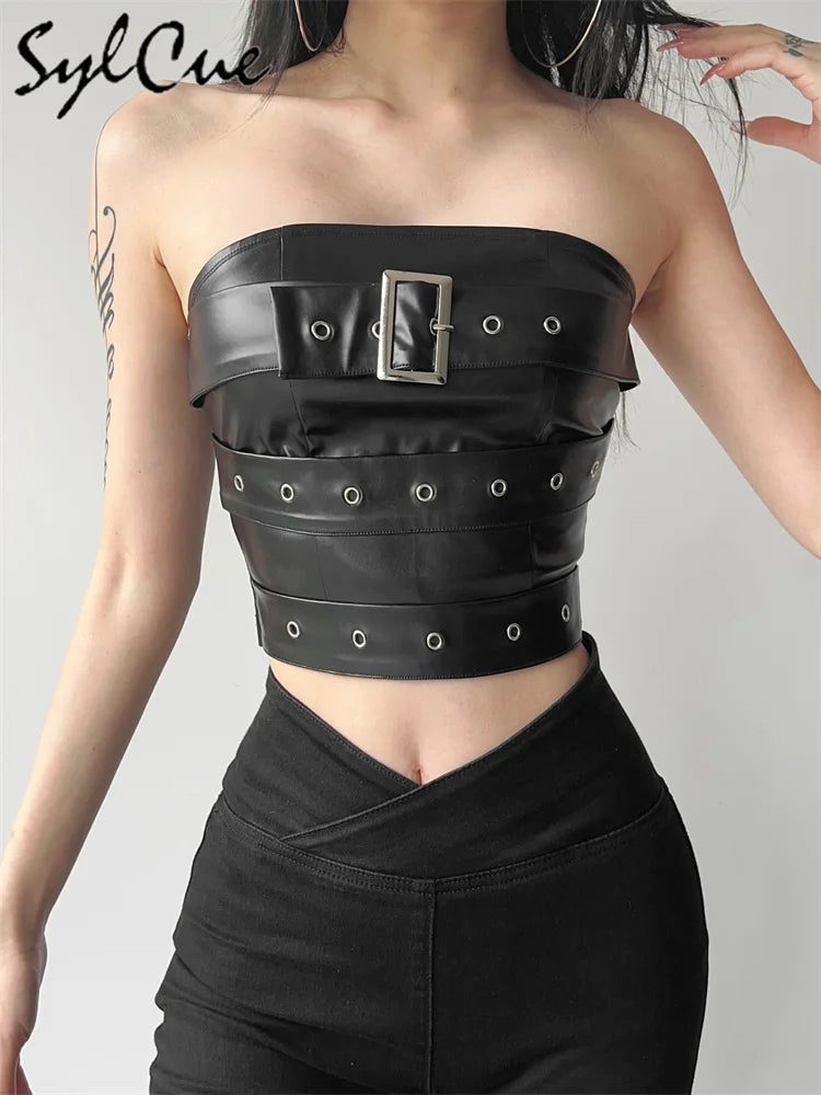 Sylcue Classic Retro Matte Black Mysterious Sexy All-Match Personality Fashionable Summer Travel Cool Women Belt Chest Wrap Vest