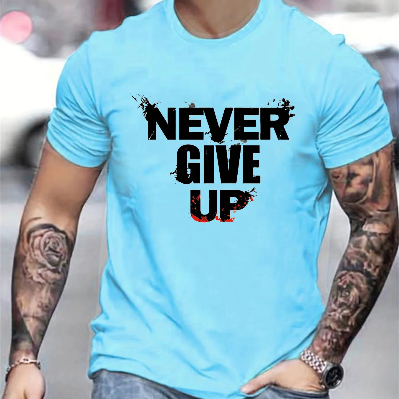 Men's summer 100 cotton fashionable casual sports loose NEVER GIVE UP letter printed round neck short sleeved T-shirt top