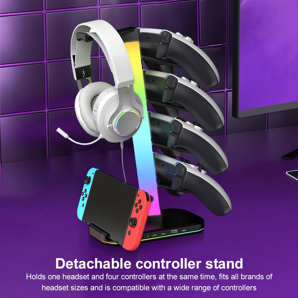 3 in 1 Headphone and Controller Stand 2 X Type-C & 1 X USB 2.0 Gaming Controller Headset Holder for Switch/Headphones/Controller