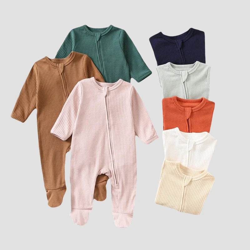 Autumn Zipper Baby Onesie Ribbed Knit Footed Romper Long Sleeve Solid Color Jumpsuit for 0-12M Newborn Infant Outfits