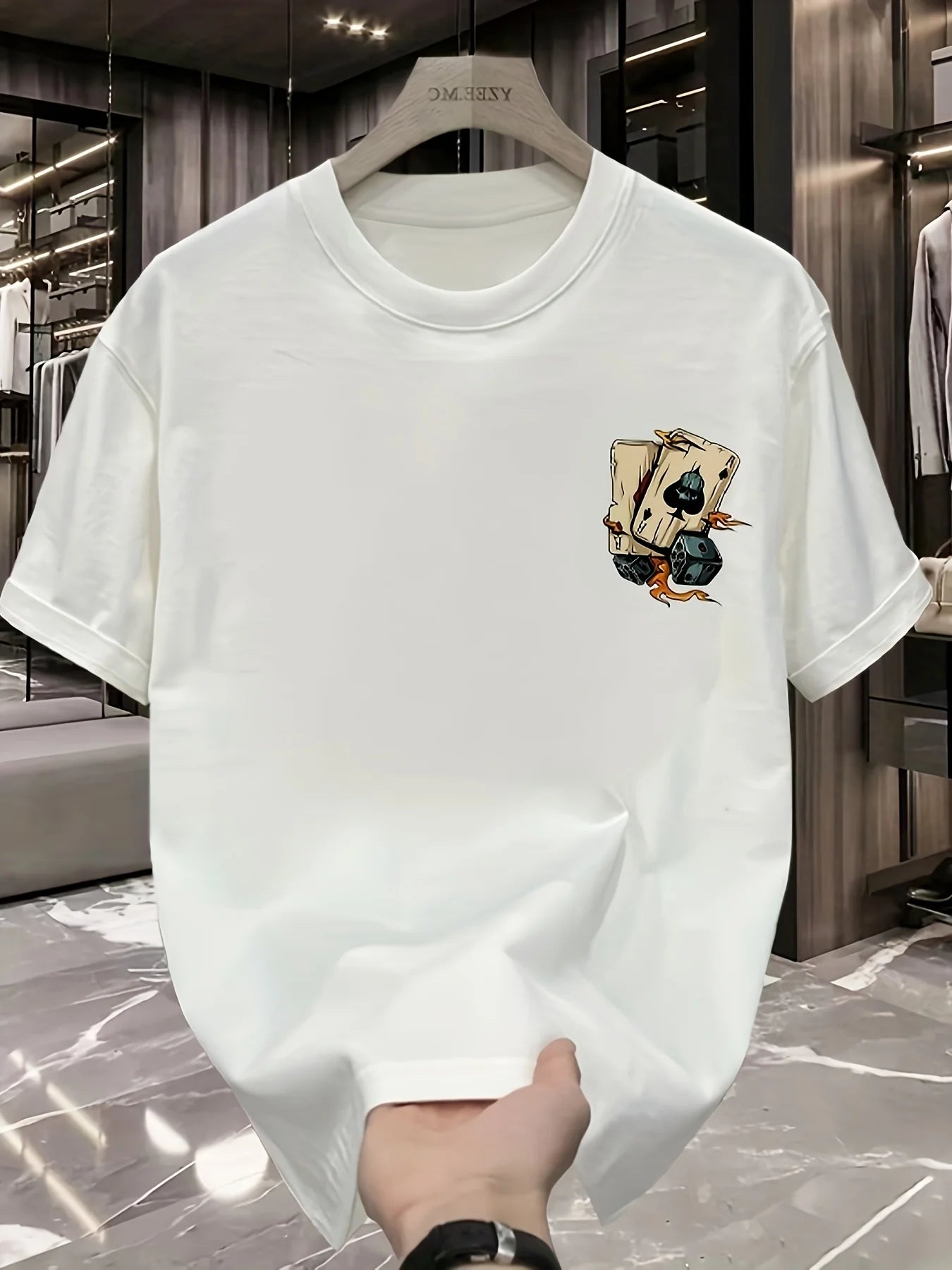 Men's summer 100% pure cotton fashionable casual loose creative poker and dice printed sports round neck short sleeved T-shirt