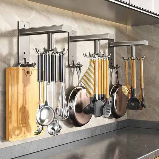 Wall Mounted Kitchen Storage Rack No-Punch Spatula Spoon Hanging Swivel Hook Organizer for Utensils And Kitchenware