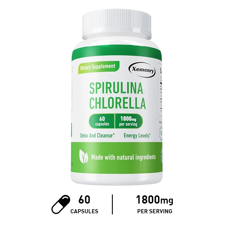 Spirulina Chlorella Capsules - Natural Energy and Glucose Control, Detoxification, Antioxidant