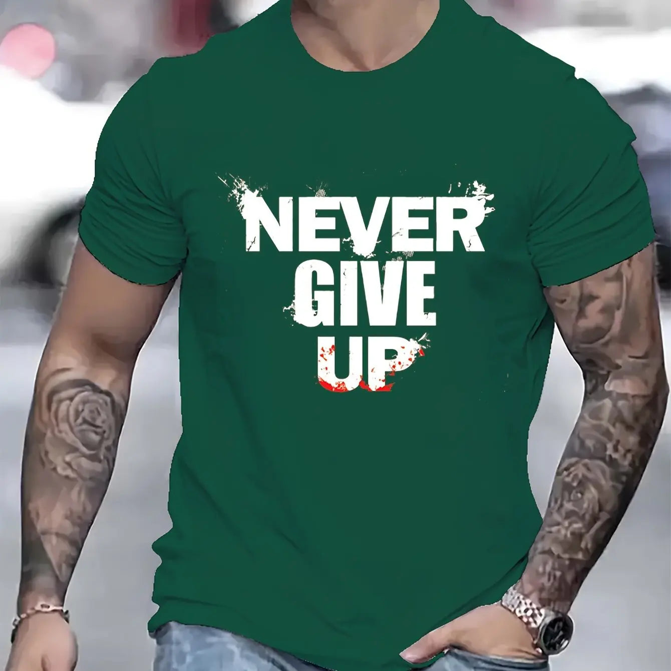 Men's summer 100 cotton fashionable casual sports loose NEVER GIVE UP letter printed round neck short sleeved T-shirt top