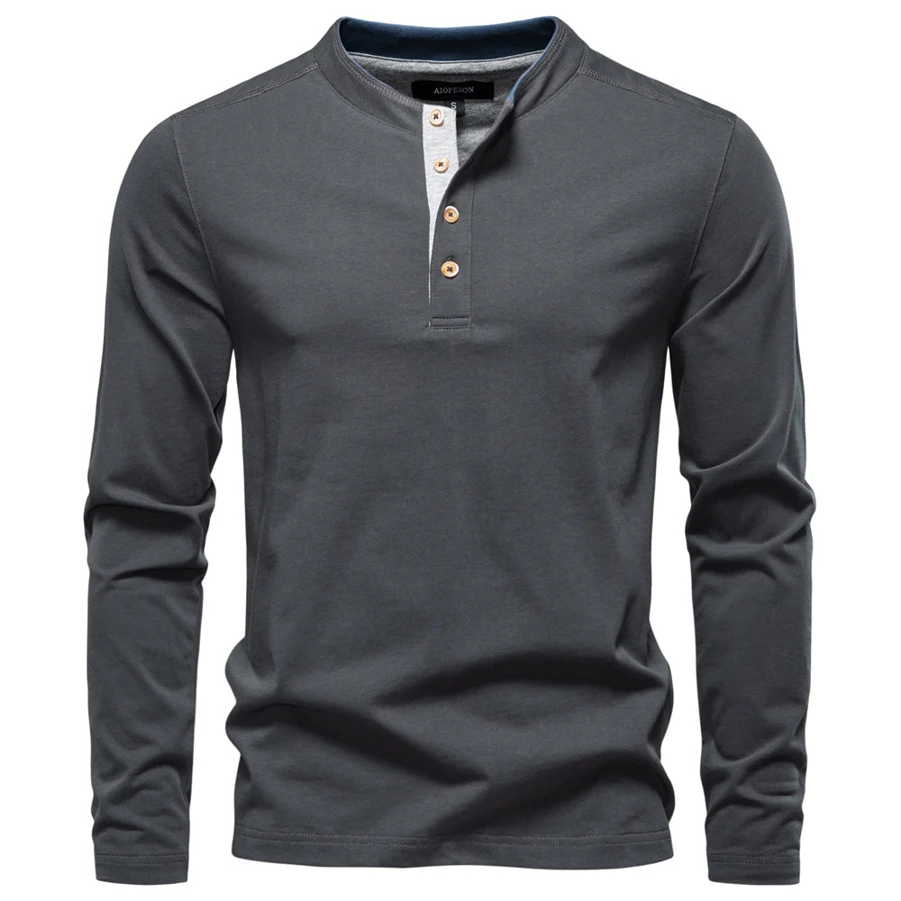 AIOPESON Men's Long SleeveT-shirt Fashion HIgh Quality Cotton t shirt for man button collar basic tshirt