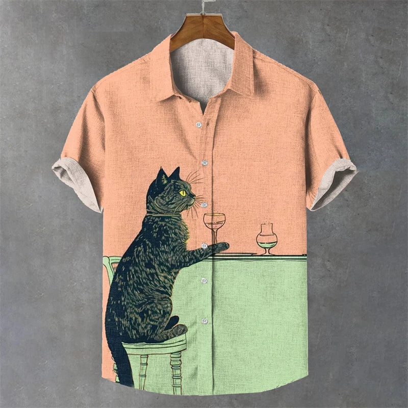 Summer Men's Shirt Animal Graphic Print Cat Shirts Casual Short Sleeve Streetwear Fashion Male Oversized Clothing Funny Blouse