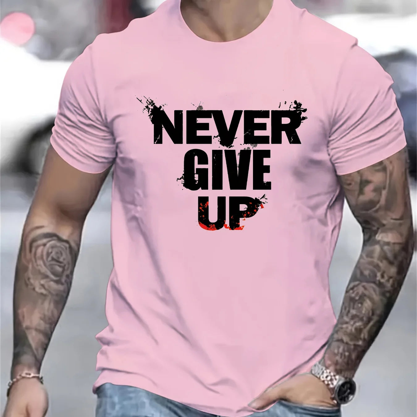 Men's summer 100 cotton fashionable casual sports loose NEVER GIVE UP letter printed round neck short sleeved T-shirt top