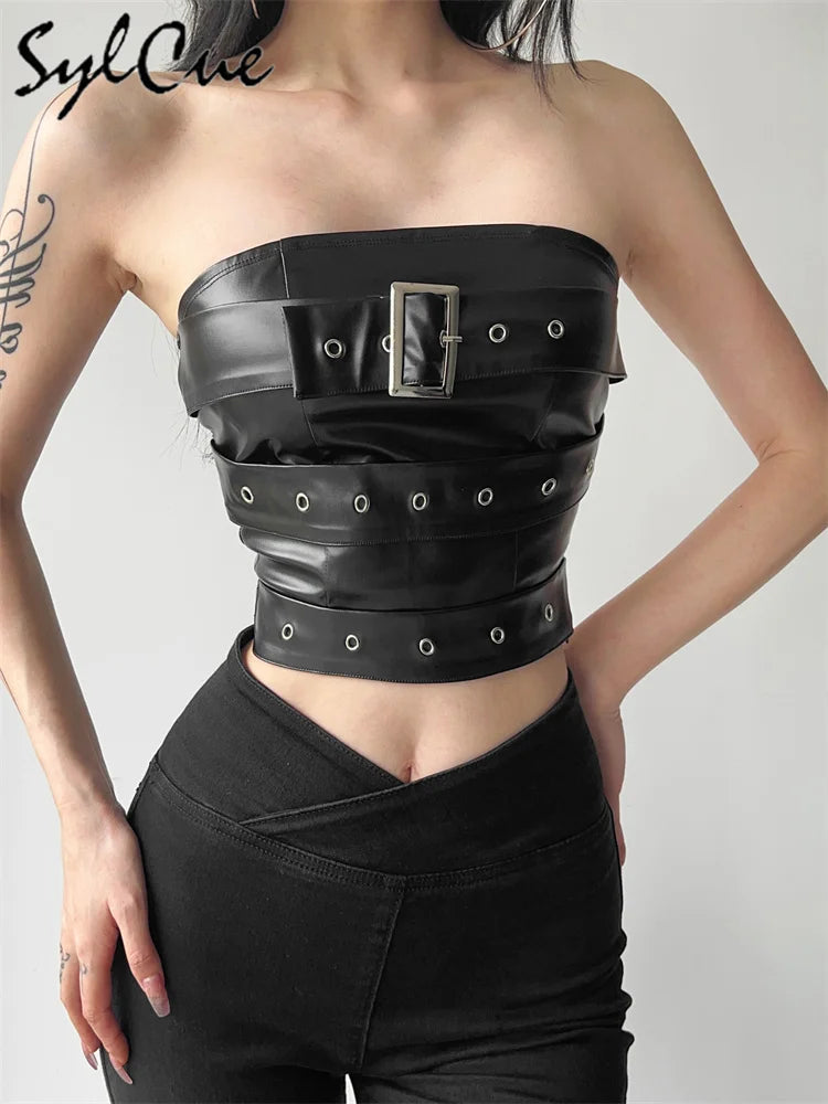 Sylcue Classic Retro Matte Black Mysterious Sexy All-Match Personality Fashionable Summer Travel Cool Women Belt Chest Wrap Vest