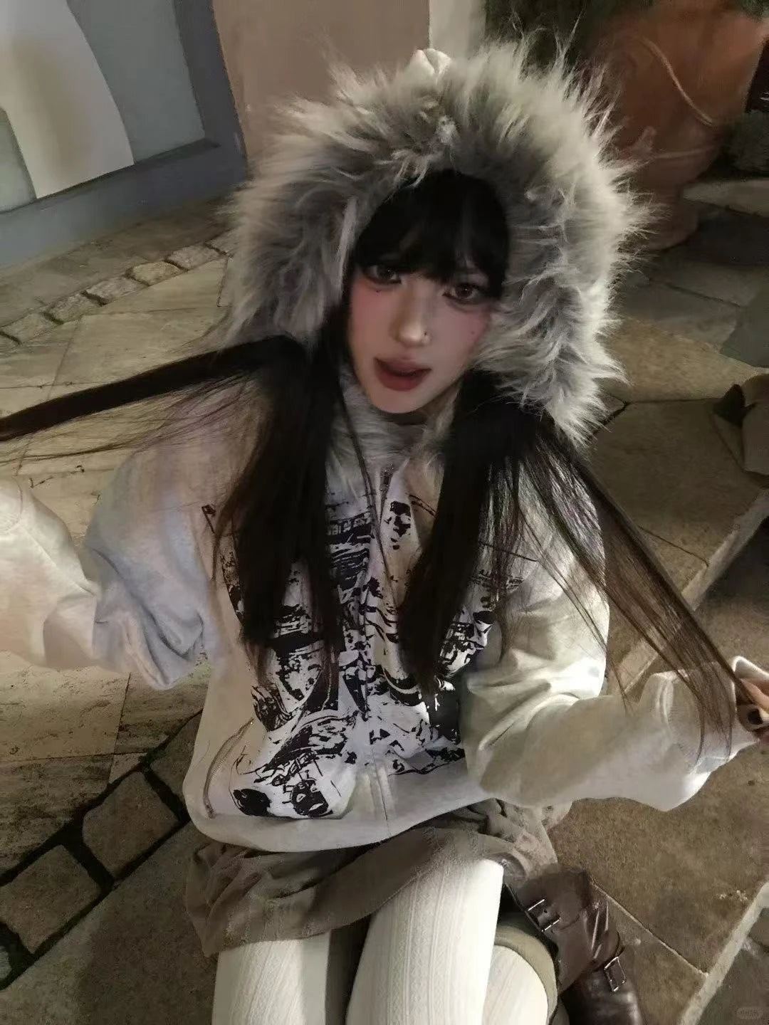 Vintage Sweatshirts 2025 Women's Clothes White Print Tunic Hooded Y2k Coat Streetwear Fashion Casual Hoodies Tops Ropa Mujer