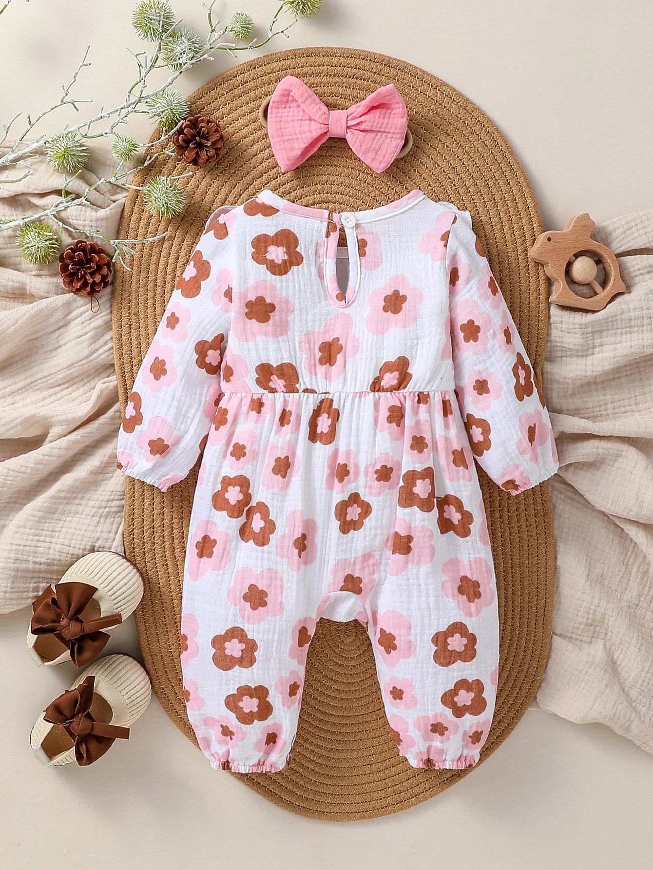 Baby Girls Cotton Soft Spring/Fall Long Sleeve Print Floral With Bow Jumpsuit Honey Cute Clothes +Headband